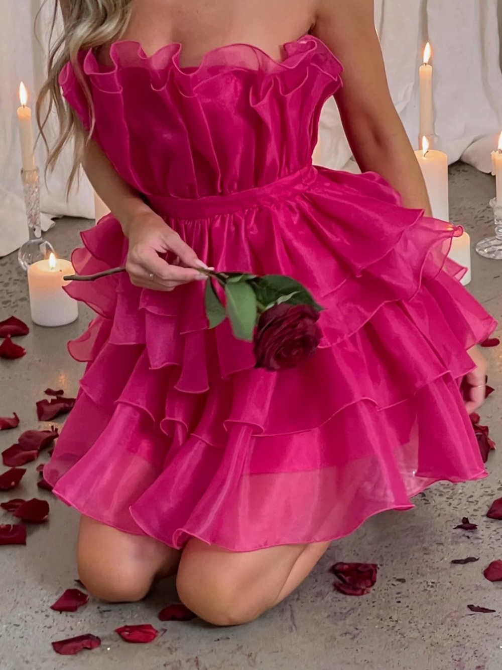 Selfie Leslie Fuchsia Ruffled Strapless Mini Dress
